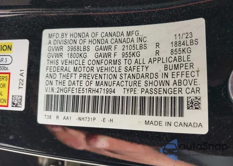 2024 Honda Civic Si Sedan from USA, damaged, VIN 2HGFE1E51RH471994